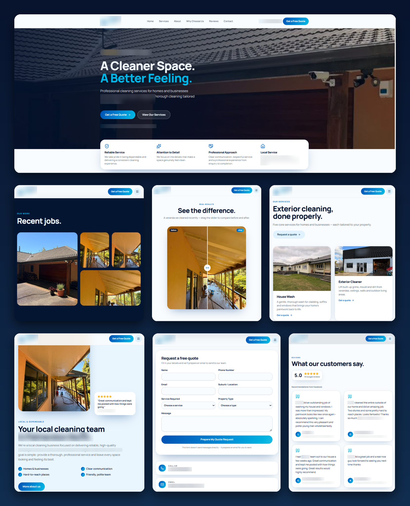 Cleaning services website showing homepage, recent work, services, testimonials and quote inquiry sections
